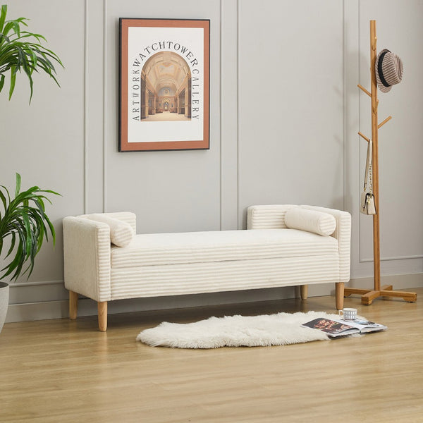 English Elm 64.7"w Corduroy Tufted Storage Bench with Armrests Bolsters Rubberwood Legs Bedroom Accent Ivory W3118P471758