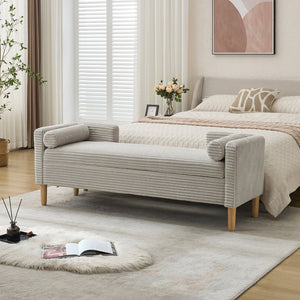English Elm 64.7"w Corduroy Tufted Storage Bench with Armrests Bolsters Rubberwood Legs Bedroom Accent Light Gray W3118P471759