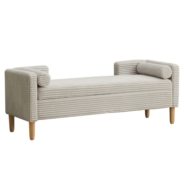 English Elm 64.7"w Corduroy Tufted Storage Bench with Armrests Bolsters Rubberwood Legs Bedroom Accent Light Gray W3118P471759