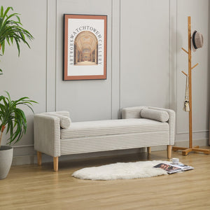 English Elm 64.7"w Corduroy Tufted Storage Bench with Armrests Bolsters Rubberwood Legs Bedroom Accent Light Gray W3118P471759