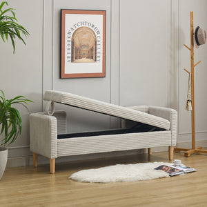 English Elm 64.7"w Corduroy Tufted Storage Bench with Armrests Bolsters Rubberwood Legs Bedroom Accent Light Gray W3118P471759
