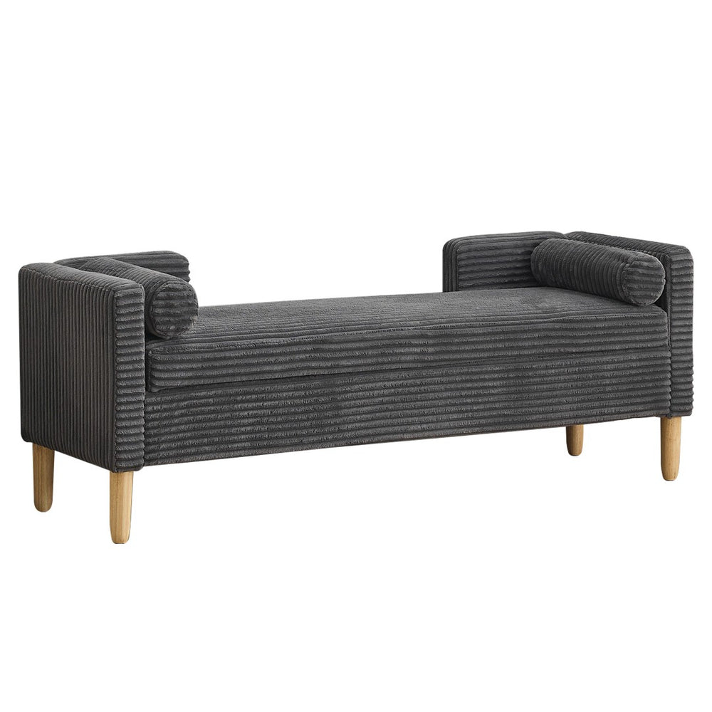 English Elm 64.7"w Corduroy Tufted Storage Bench with Armrests Bolsters Rubberwood Legs Bedroom Accent Charcoal W3118P471760