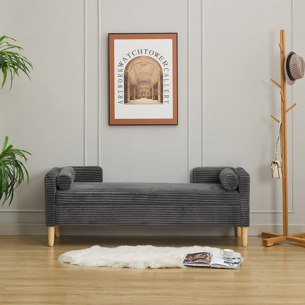 English Elm 64.7"w Corduroy Tufted Storage Bench with Armrests Bolsters Rubberwood Legs Bedroom Accent Charcoal W3118P471760