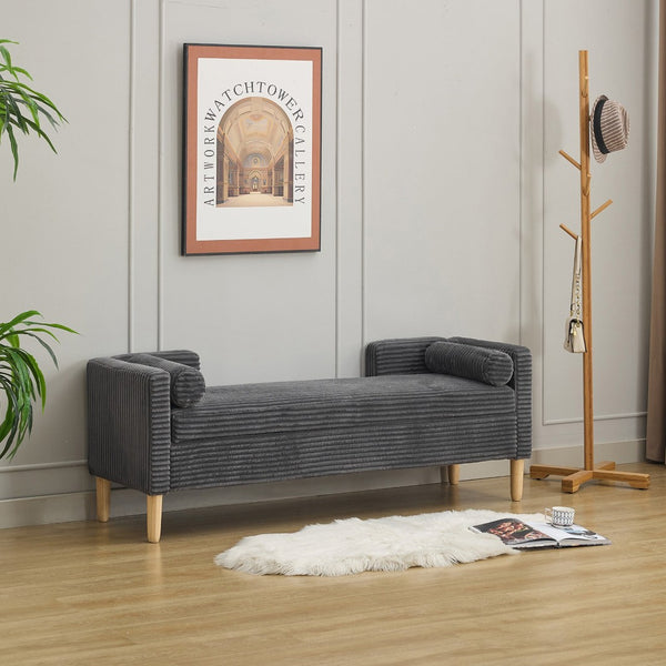 English Elm 64.7"w Corduroy Tufted Storage Bench with Armrests Bolsters Rubberwood Legs Bedroom Accent Charcoal W3118P471760
