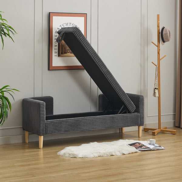 English Elm 64.7"w Corduroy Tufted Storage Bench with Armrests Bolsters Rubberwood Legs Bedroom Accent Charcoal W3118P471760
