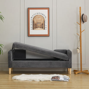 English Elm 64.7"w Corduroy Tufted Storage Bench with Armrests Bolsters Rubberwood Legs Bedroom Accent Charcoal W3118P471760