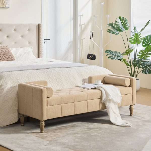English Elm 64.6"w Tufted Chenille Storage Bench with Armrests Bolsters Whitewashed Rubberwood Farmhouse Wheat W3118P471761