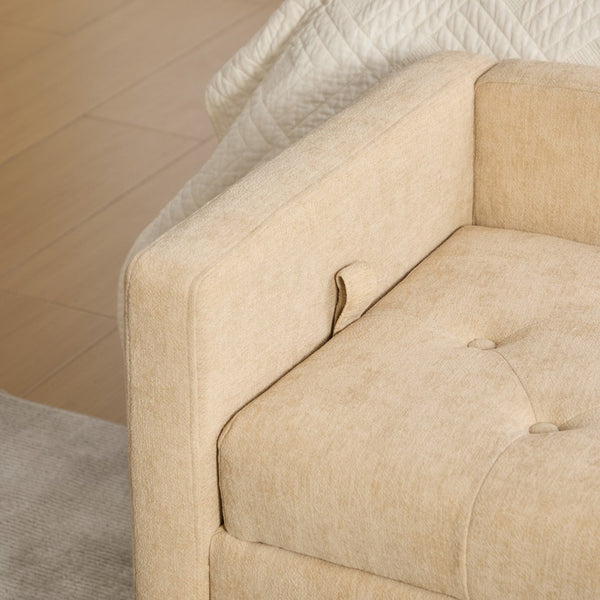English Elm 64.6"w Tufted Chenille Storage Bench with Armrests Bolsters Whitewashed Rubberwood Farmhouse Wheat W3118P471761