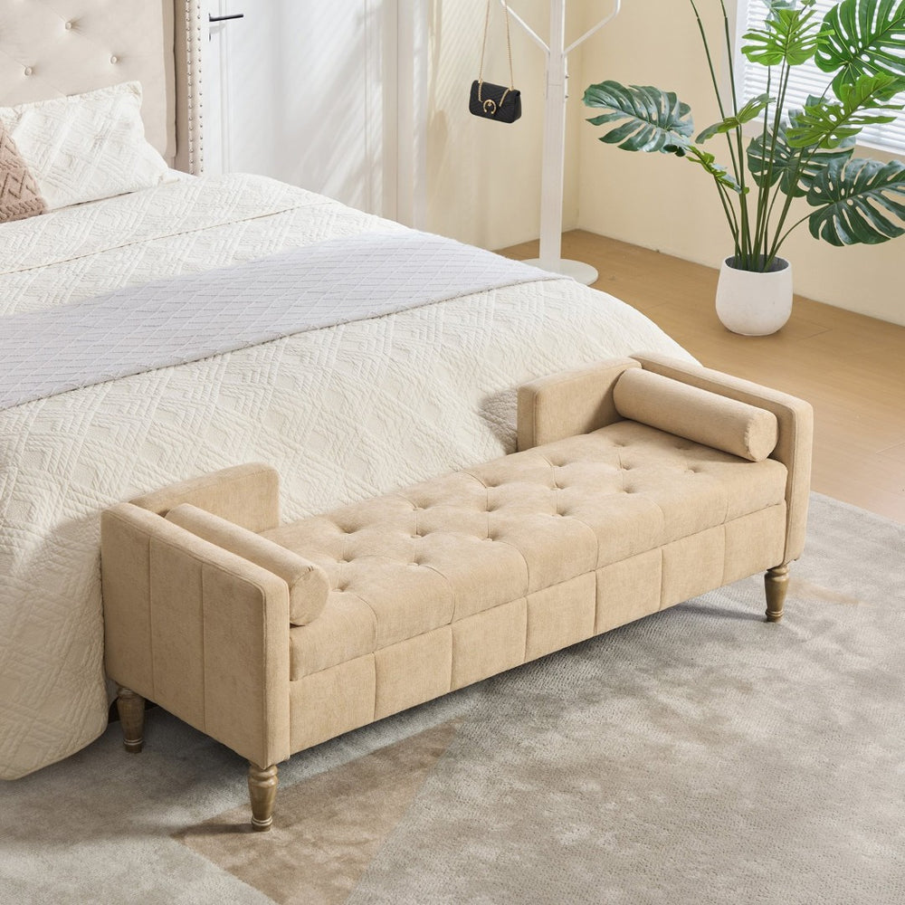 English Elm 64.6"w Tufted Chenille Storage Bench with Armrests Bolsters Whitewashed Rubberwood Farmhouse Wheat W3118P471761