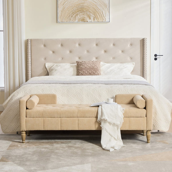 English Elm 64.6"w Tufted Chenille Storage Bench with Armrests Bolsters Whitewashed Rubberwood Farmhouse Wheat W3118P471761