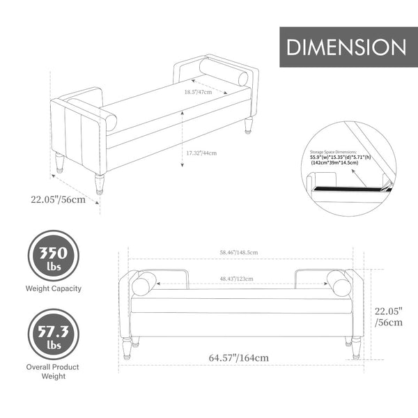 English Elm 64.6"w Tufted Chenille Storage Bench with Armrests Bolsters Whitewashed Rubberwood Farmhouse Wheat W3118P471761