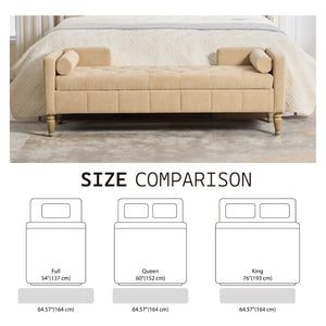 English Elm 64.6"w Tufted Chenille Storage Bench with Armrests Bolsters Whitewashed Rubberwood Farmhouse Wheat W3118P471761