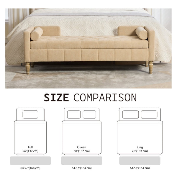 English Elm 64.6"w Tufted Chenille Storage Bench with Armrests Bolsters Whitewashed Rubberwood Farmhouse Wheat W3118P471761