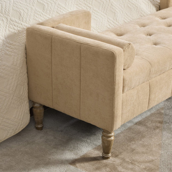 English Elm 64.6"w Tufted Chenille Storage Bench with Armrests Bolsters Whitewashed Rubberwood Farmhouse Wheat W3118P471761