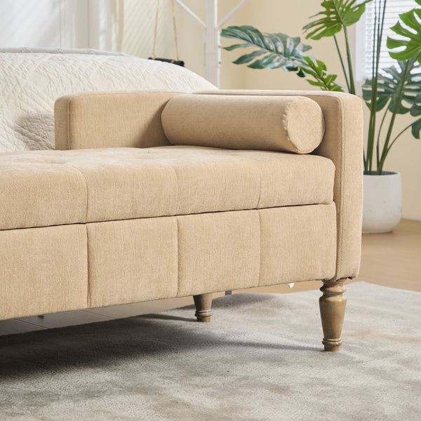 English Elm 64.6"w Tufted Chenille Storage Bench with Armrests Bolsters Whitewashed Rubberwood Farmhouse Wheat W3118P471761