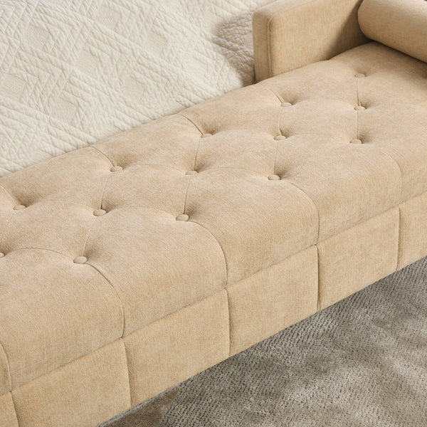 English Elm 64.6"w Tufted Chenille Storage Bench with Armrests Bolsters Whitewashed Rubberwood Farmhouse Wheat W3118P471761