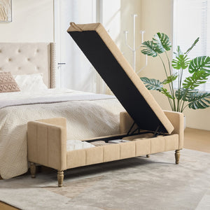 English Elm 64.6"w Tufted Chenille Storage Bench with Armrests Bolsters Whitewashed Rubberwood Farmhouse Wheat W3118P471761