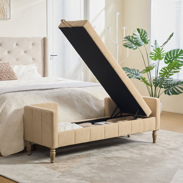 English Elm 64.6"w Tufted Chenille Storage Bench with Armrests Bolsters Whitewashed Rubberwood Farmhouse Wheat W3118P471761