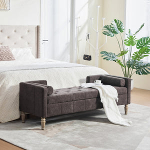 English Elm 64.6"w Tufted Chenille Storage Bench with Armrests Bolsters Whitewashed Rubberwood Farmhouse Coffee W3118P471762