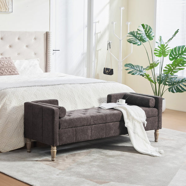 English Elm 64.6"w Tufted Chenille Storage Bench with Armrests Bolsters Whitewashed Rubberwood Farmhouse Coffee W3118P471762