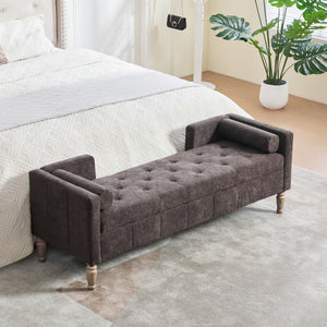 English Elm 64.6"w Tufted Chenille Storage Bench with Armrests Bolsters Whitewashed Rubberwood Farmhouse Coffee W3118P471762