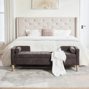 English Elm 64.6"w Tufted Chenille Storage Bench with Armrests Bolsters Whitewashed Rubberwood Farmhouse Coffee W3118P471762