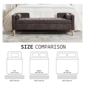 English Elm 64.6"w Tufted Chenille Storage Bench with Armrests Bolsters Whitewashed Rubberwood Farmhouse Coffee W3118P471762