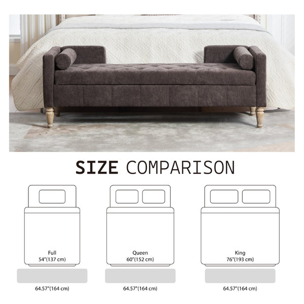 English Elm 64.6"w Tufted Chenille Storage Bench with Armrests Bolsters Whitewashed Rubberwood Farmhouse Coffee W3118P471762