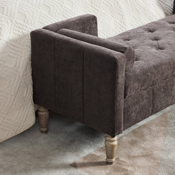 English Elm 64.6"w Tufted Chenille Storage Bench with Armrests Bolsters Whitewashed Rubberwood Farmhouse Coffee W3118P471762