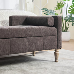 English Elm 64.6"w Tufted Chenille Storage Bench with Armrests Bolsters Whitewashed Rubberwood Farmhouse Coffee W3118P471762
