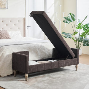 English Elm 64.6"w Tufted Chenille Storage Bench with Armrests Bolsters Whitewashed Rubberwood Farmhouse Coffee W3118P471762