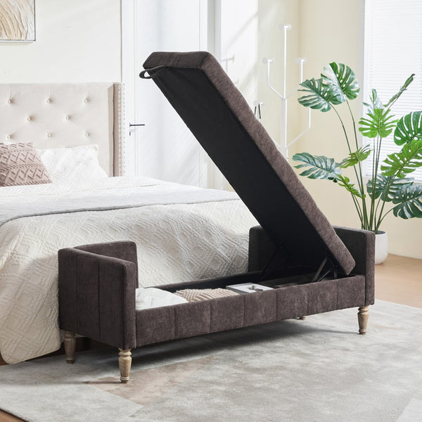 English Elm 64.6"w Tufted Chenille Storage Bench with Armrests Bolsters Whitewashed Rubberwood Farmhouse Coffee W3118P471762
