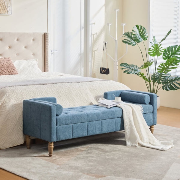 English Elm 64.6"w Tufted Chenille Storage Bench with Armrests Bolsters Whitewashed Rubberwood Farmhouse Blue W3118P471763