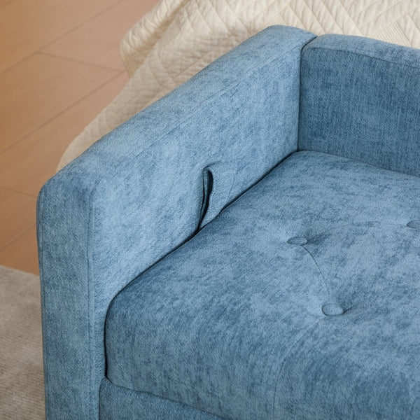 English Elm 64.6"w Tufted Chenille Storage Bench with Armrests Bolsters Whitewashed Rubberwood Farmhouse Blue W3118P471763