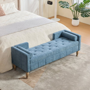 English Elm 64.6"w Tufted Chenille Storage Bench with Armrests Bolsters Whitewashed Rubberwood Farmhouse Blue W3118P471763