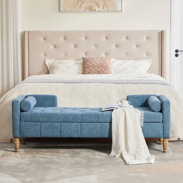 English Elm 64.6"w Tufted Chenille Storage Bench with Armrests Bolsters Whitewashed Rubberwood Farmhouse Blue W3118P471763