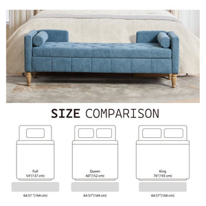 English Elm 64.6"w Tufted Chenille Storage Bench with Armrests Bolsters Whitewashed Rubberwood Farmhouse Blue W3118P471763