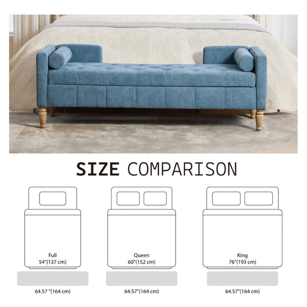 English Elm 64.6"w Tufted Chenille Storage Bench with Armrests Bolsters Whitewashed Rubberwood Farmhouse Blue W3118P471763