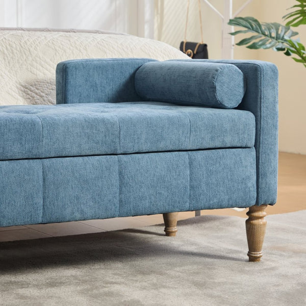 English Elm 64.6"w Tufted Chenille Storage Bench with Armrests Bolsters Whitewashed Rubberwood Farmhouse Blue W3118P471763