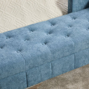 English Elm 64.6"w Tufted Chenille Storage Bench with Armrests Bolsters Whitewashed Rubberwood Farmhouse Blue W3118P471763