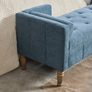 English Elm 64.6"w Tufted Chenille Storage Bench with Armrests Bolsters Whitewashed Rubberwood Farmhouse Blue W3118P471763