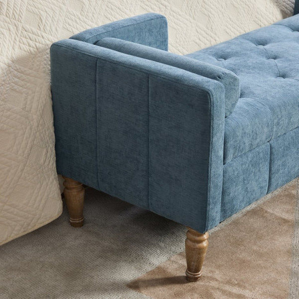 English Elm 64.6"w Tufted Chenille Storage Bench with Armrests Bolsters Whitewashed Rubberwood Farmhouse Blue W3118P471763