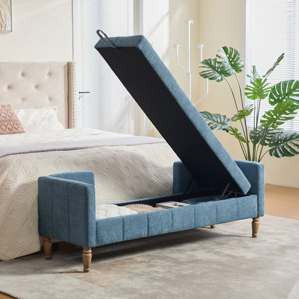 English Elm 64.6"w Tufted Chenille Storage Bench with Armrests Bolsters Whitewashed Rubberwood Farmhouse Blue W3118P471763