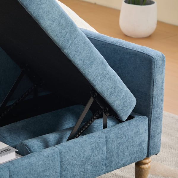 English Elm 64.6"w Tufted Chenille Storage Bench with Armrests Bolsters Whitewashed Rubberwood Farmhouse Blue W3118P471763