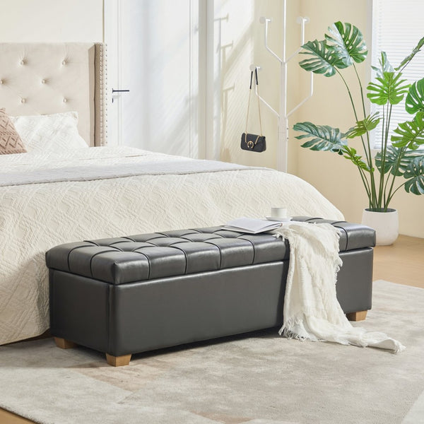 English Elm 60.2'' Tufted Pu Flip-top Storage Bench with Rubberwood Legs for Bedroom Entryway Gray W3118P479135