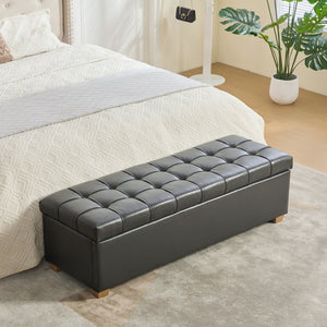 English Elm 60.2'' Tufted Pu Flip-top Storage Bench with Rubberwood Legs for Bedroom Entryway Gray W3118P479135