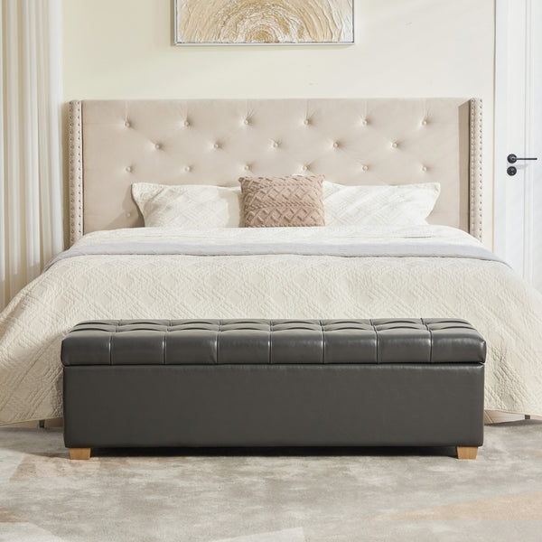 English Elm 60.2'' Tufted Pu Flip-top Storage Bench with Rubberwood Legs for Bedroom Entryway Gray W3118P479135