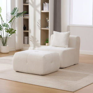 English Elm 30.5 Inch Cloud Lounge Chair with Ottoman Fuzzy Polyester Deep Seat for Bedroom Ivory W3118P485276