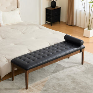 English Elm 66" Tufted Faux Leather Bench with Detachable Pillow Dark Walnut Legs Bedroom Entryway W3118P505148