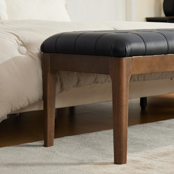 English Elm 66" Tufted Faux Leather Bench with Detachable Pillow Dark Walnut Legs Bedroom Entryway W3118P505148